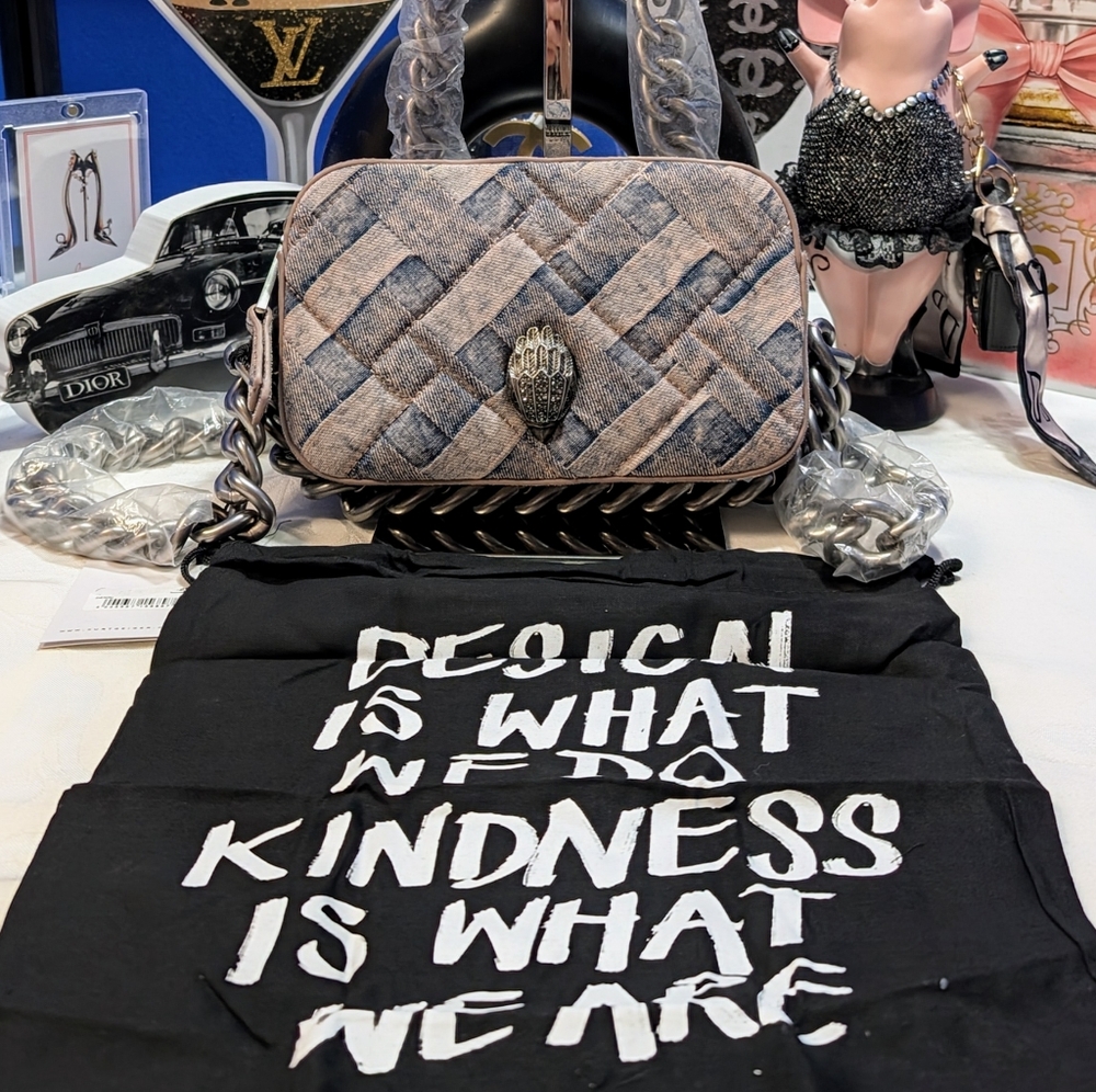 Kurt Geiger Small Kensington Denim And Pink Camera Bag With Chunky Nickel Chain